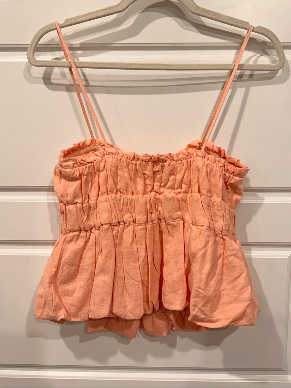 NWT Zara Linen Blend Bubble Hem Top Peach Beaded Drawstring Sz S Viral Coquette - Picture 6 of 8